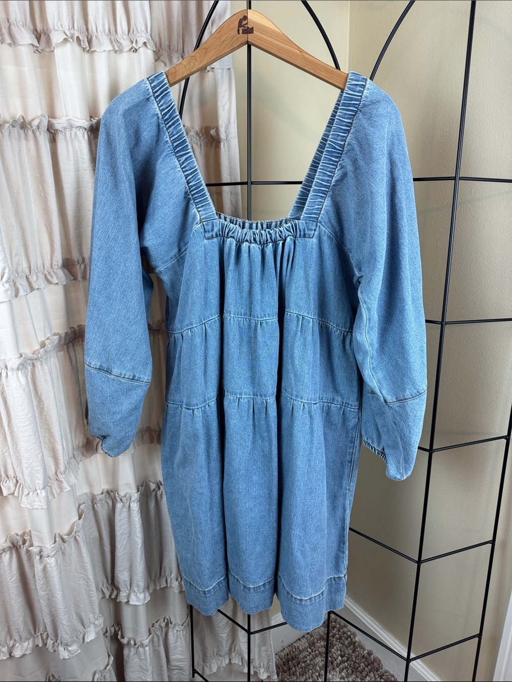 Free People Lou Jean Babydoll Dress Medium Wash Denim Tiered Ruffles Size M